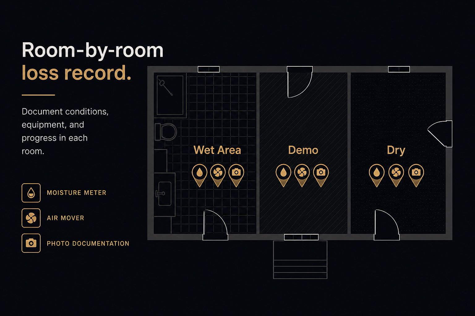 Room-by-room documentation that becomes a photo report